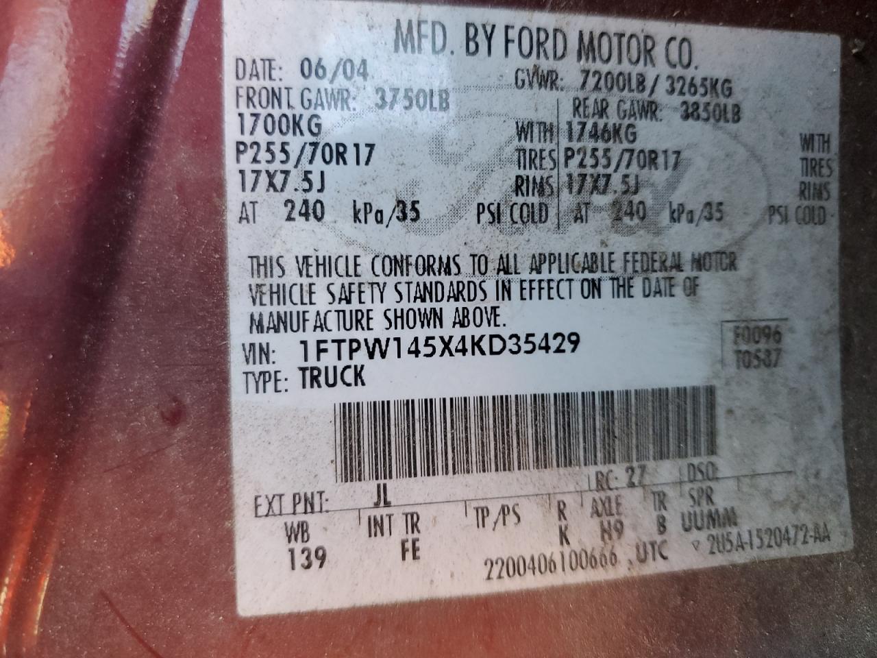 2004 Ford F-150 VIN 1FTPW145X4KD35429 Copart auction photo, side damage thumbnail 12