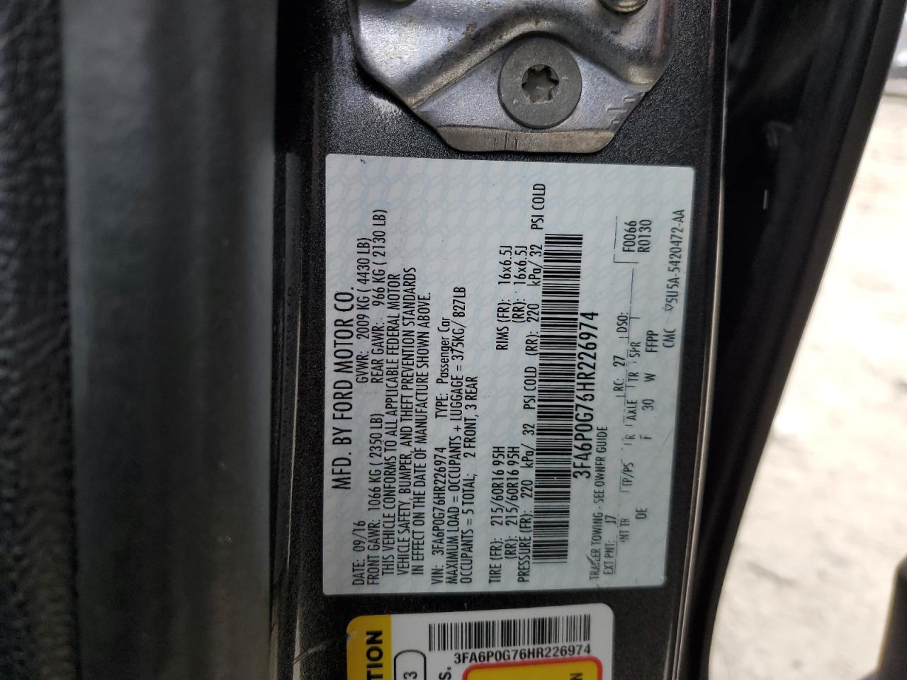 2017 Ford Fusion VIN 3FA6P0G76HR226974 Copart auction photo, undercarriage damage thumbnail 12