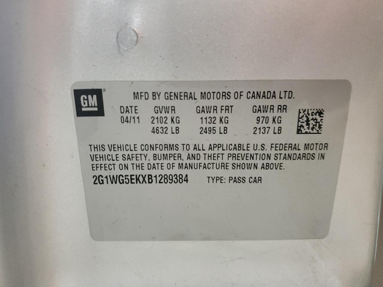 2011 Chevrolet Impala VIN 2G1WG5EKXB1289384 Copart auction photo, biohazard/chemical damage thumbnail 12