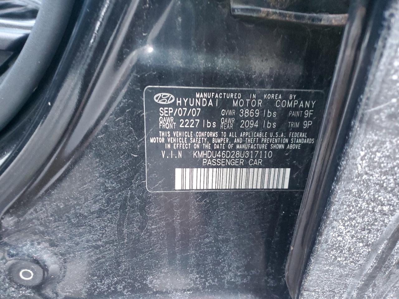 2008 Hyundai Elantra VIN KMHDU46D28U317110 Copart auction photo, rear end / side damage thumbnail 12