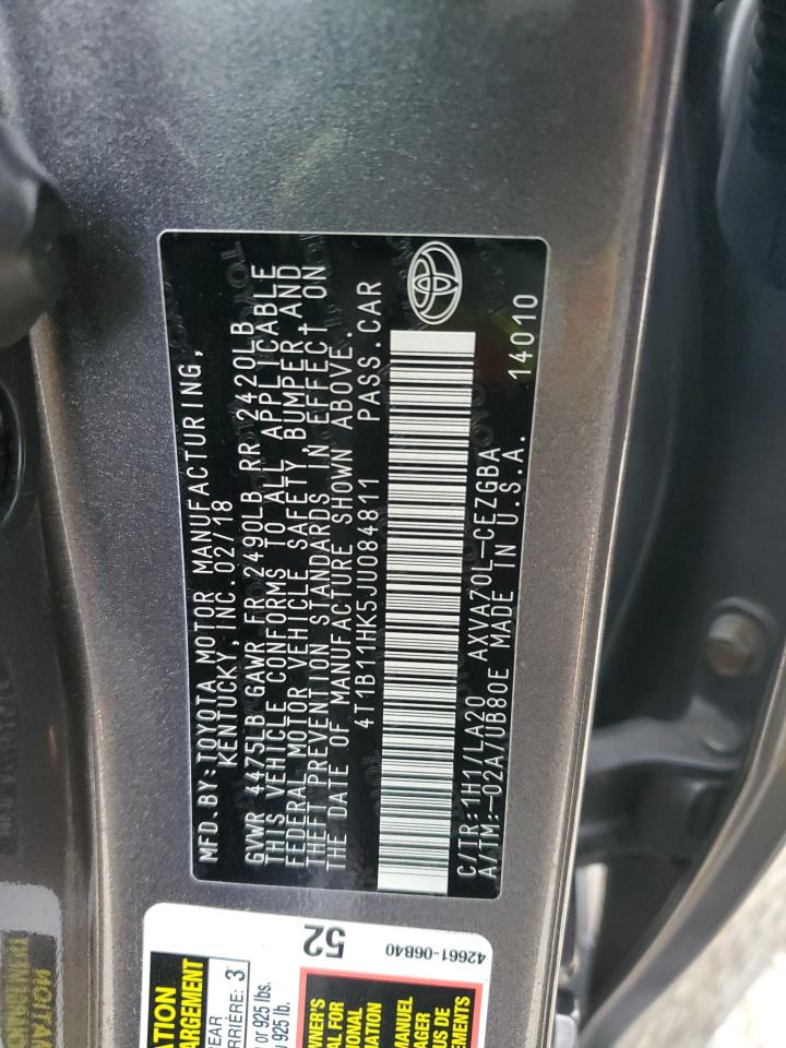 2018 Toyota Camry VIN 4T1B11HK5JU084811 Copart auction photo, front end / rear end damage thumbnail 14