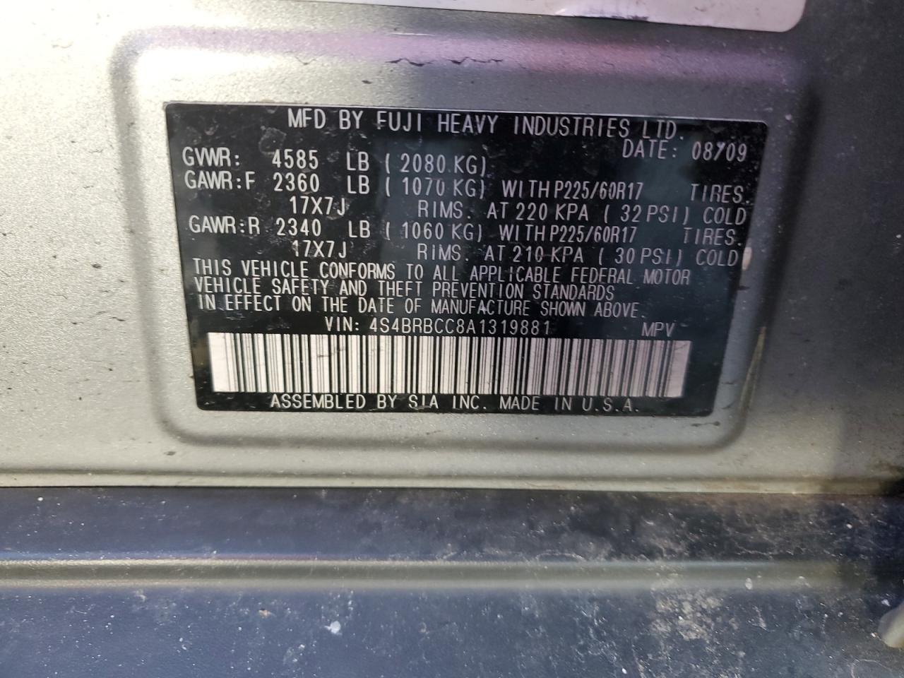2010 Subaru Outback VIN 4S4BRBCC8A1319881 Copart auction photo, rear end / minor dent/scratches damage thumbnail 12