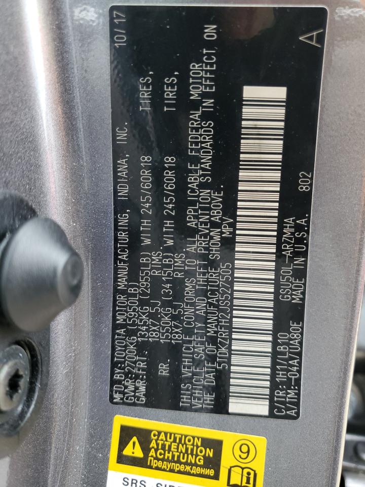 2018 Toyota Highlander VIN 5TDKZRFH2JS527505 Copart auction photo, water/flood damage thumbnail 13