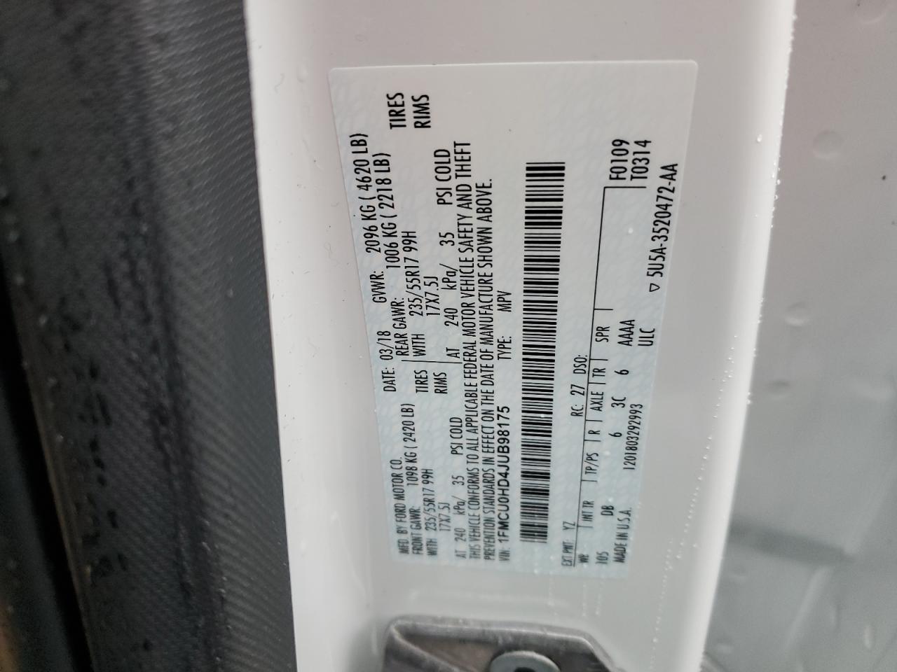 2018 Ford Escape VIN 1FMCU0HD4JUB98175 Copart auction photo, front end damage thumbnail 14