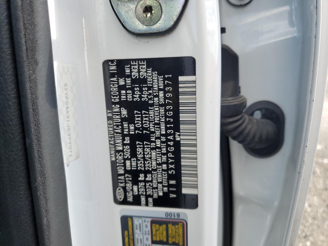 2018 KIA Sorento VIN 5XYPG4A31JG379371 Copart auction photo, front end damage thumbnail 13