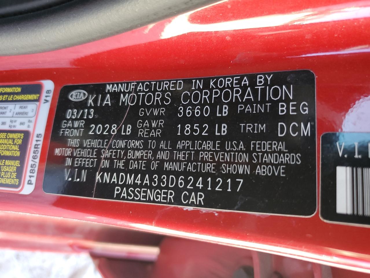 2013 KIA Rio VIN KNADM4A33D6241217 Copart auction photo, front end damage thumbnail 12