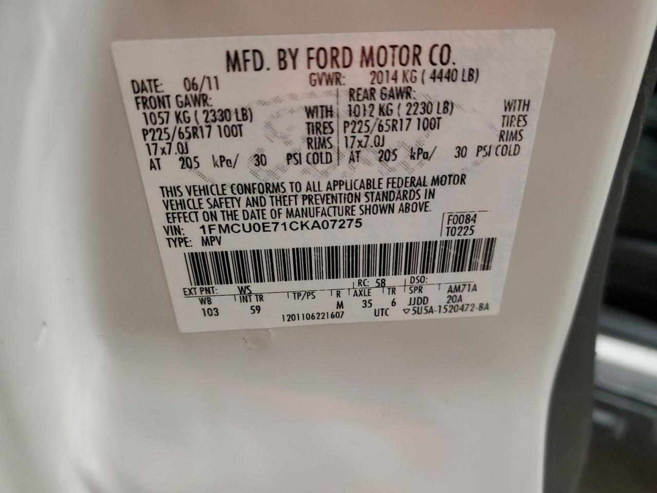 2012 Ford Escape VIN 1FMCU0E71CKA07275 Copart auction photo, rear end damage thumbnail 13