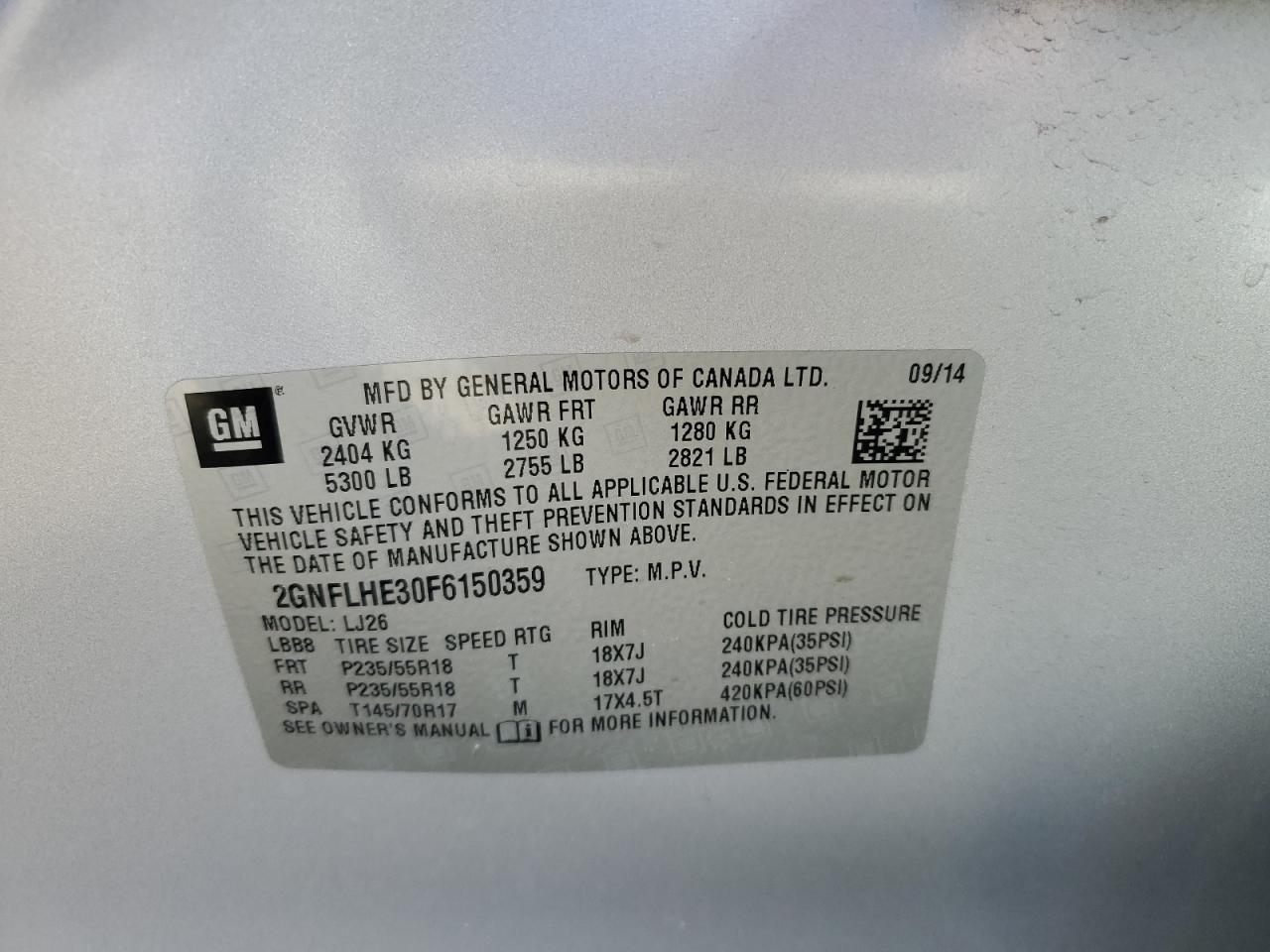 2015 Chevrolet Equinox VIN 2GNFLHE30F6150359 Copart auction photo, side / rear end damage thumbnail 15