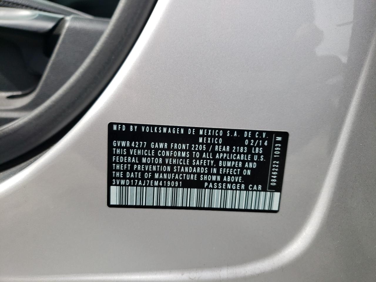 2014 Volkswagen Jetta VIN 3VWD17AJ7EM419091 Copart auction photo, front end / rear end damage thumbnail 13