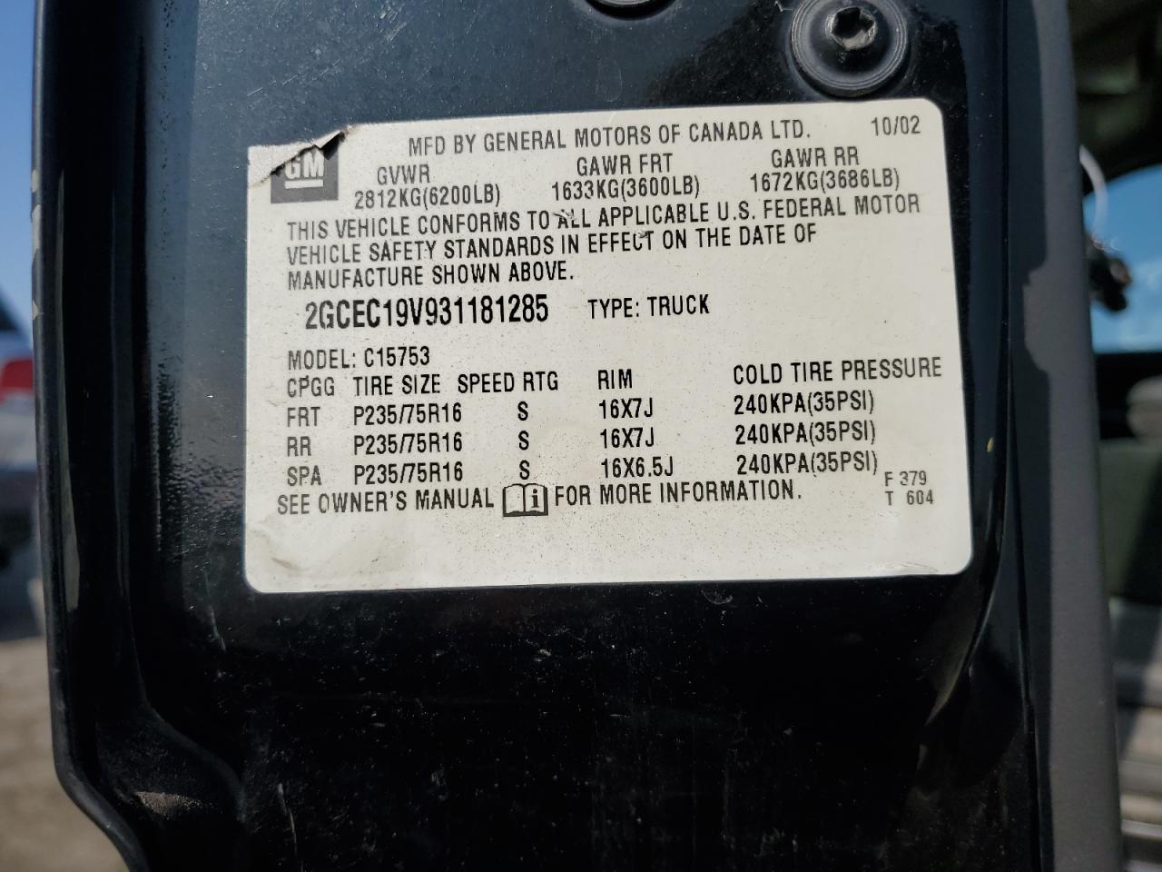2003 Chevrolet Silverado VIN 2GCEC19V931181285 Copart auction photo, all over damage thumbnail 12