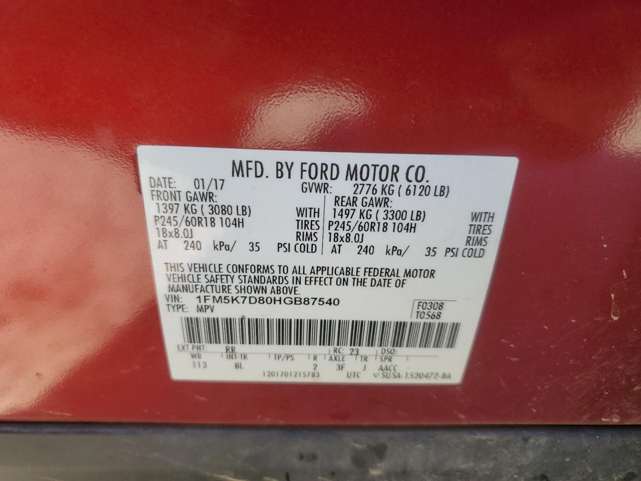 2017 Ford Explorer VIN 1FM5K7D80HGB87540 Copart auction photo, front end / minor dent/scratches damage thumbnail 15