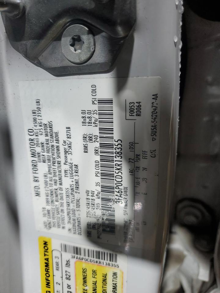 2019 Ford Fusion VIN 3FA6P0CD5KR138355 Copart auction photo, front end damage thumbnail 13