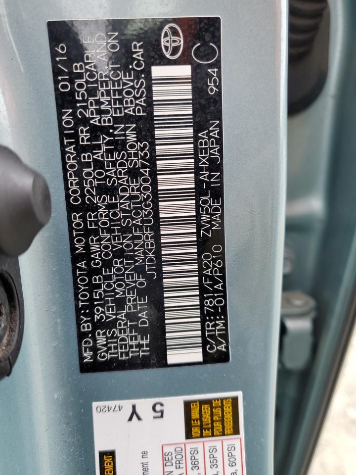 2016 Toyota Prius VIN JTDKBRFU3G3004733 Copart auction photo, rear end damage thumbnail 12