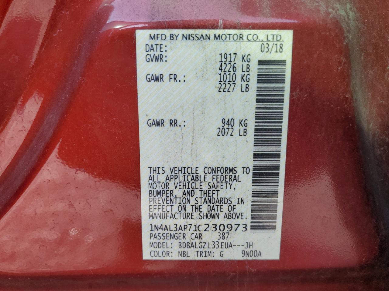 2018 Nissan Altima VIN 1N4AL3AP7JC230973 Copart auction photo, front end damage thumbnail 13