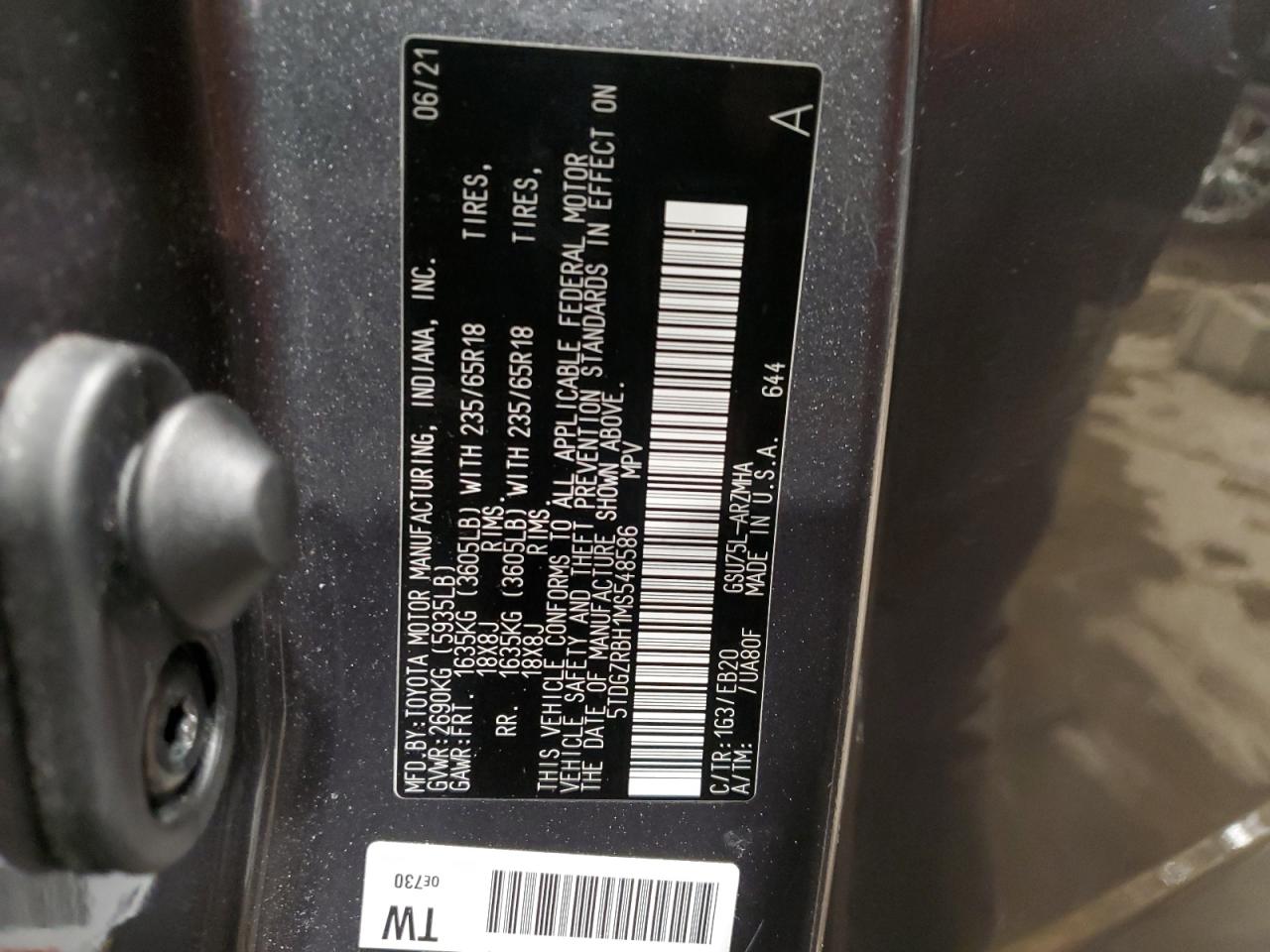 2021 Toyota Highlander VIN 5TDGZRBH1MS548586 Copart auction photo, front end damage thumbnail 13