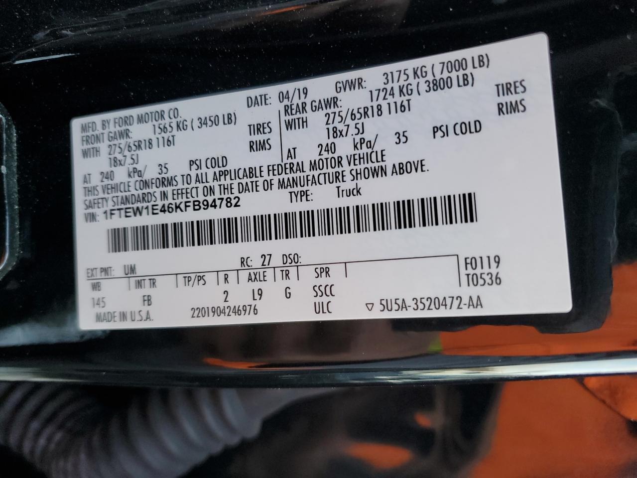 2019 Ford F-150 VIN 1FTEW1E46KFB94782 Copart auction photo, front end damage thumbnail 12