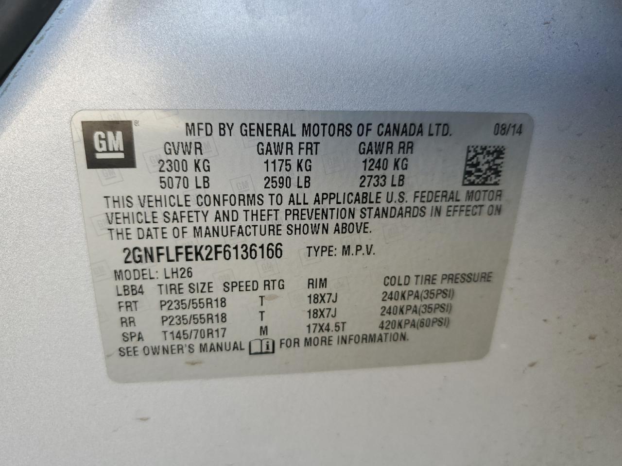 2015 Chevrolet Equinox VIN 2GNFLFEK2F6136166 Copart auction photo, mechanical damage thumbnail 13