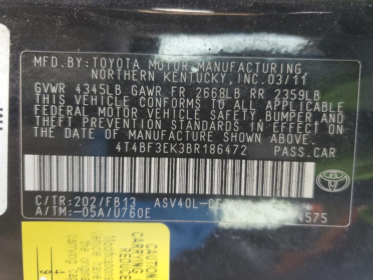 2011 Toyota Camry VIN 4T4BF3EK3BR186472 Copart auction photo, side damage thumbnail 12