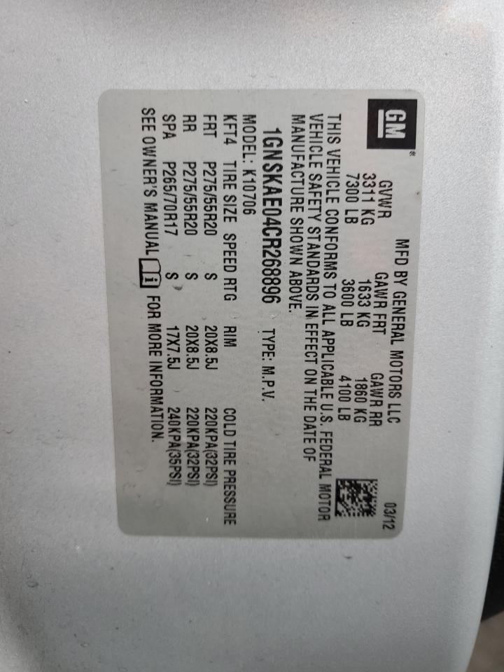 2012 Chevrolet Tahoe VIN 1GNSKAE04CR268896 Copart auction photo, front end damage thumbnail 14