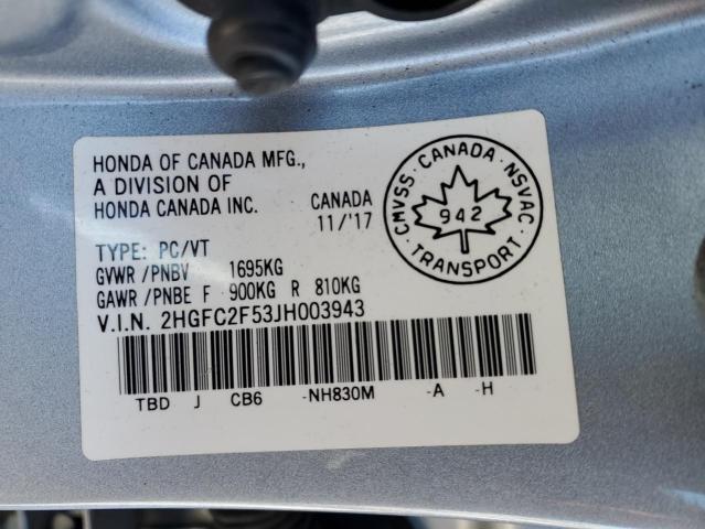 2018 Honda Civic VIN 2HGFC2F53JH003943 Copart auction photo, rear end / undercarriage damage thumbnail 12