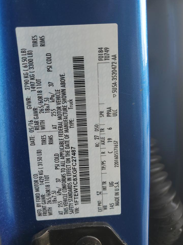 2016 Ford F-150 VIN 1FTEW1C8XGFC27487 Copart auction photo, side / front end damage thumbnail 12
