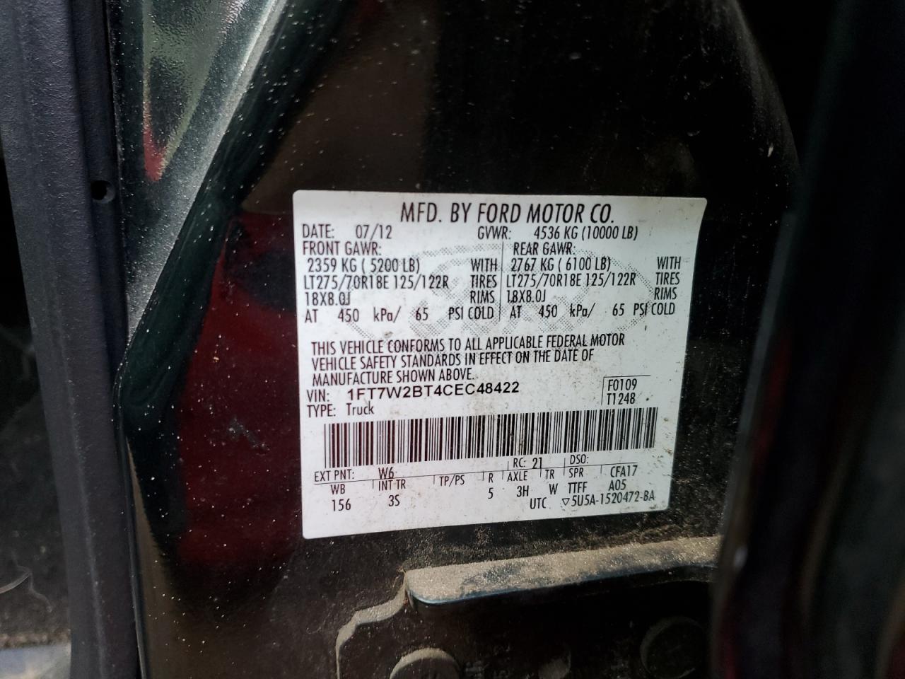 2012 Ford F250 VIN 1FT7W2BT4CEC48422 Copart auction photo, front end damage thumbnail 10