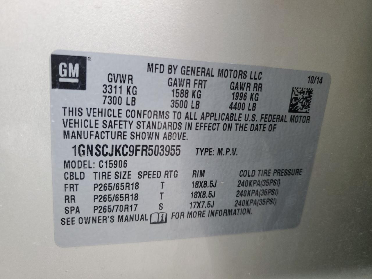 2015 Chevrolet Suburban VIN 1GNSCJKC9FR503955 Copart auction photo, front end / mechanical damage thumbnail 13