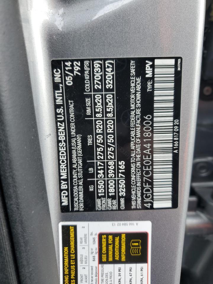 2014 Mercedes-Benz GL-klasse VIN 4JGDF7CE0EA418006 Copart auction photo, water/flood damage thumbnail 13