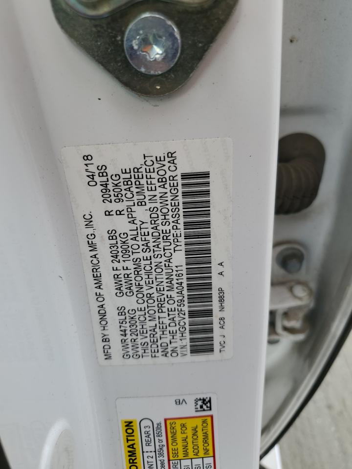 2018 Honda Accord VIN 1HGCV2F59JA041611 Copart auction photo, front end damage thumbnail 14