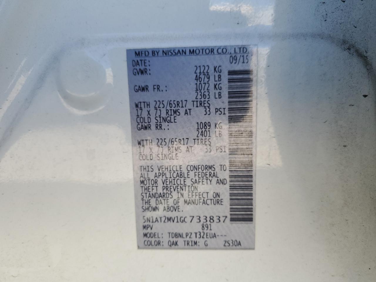 2016 Nissan Rogue VIN 5N1AT2MV1GC733837 Copart auction photo, rear end / front end damage thumbnail 13