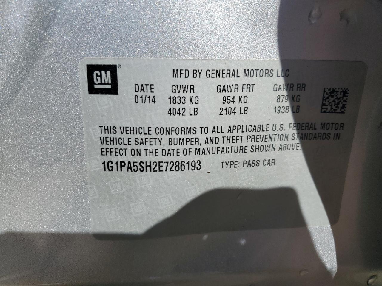2014 Chevrolet Cruze VIN 1G1PA5SH2E7286193 Copart auction photo, side damage thumbnail 12