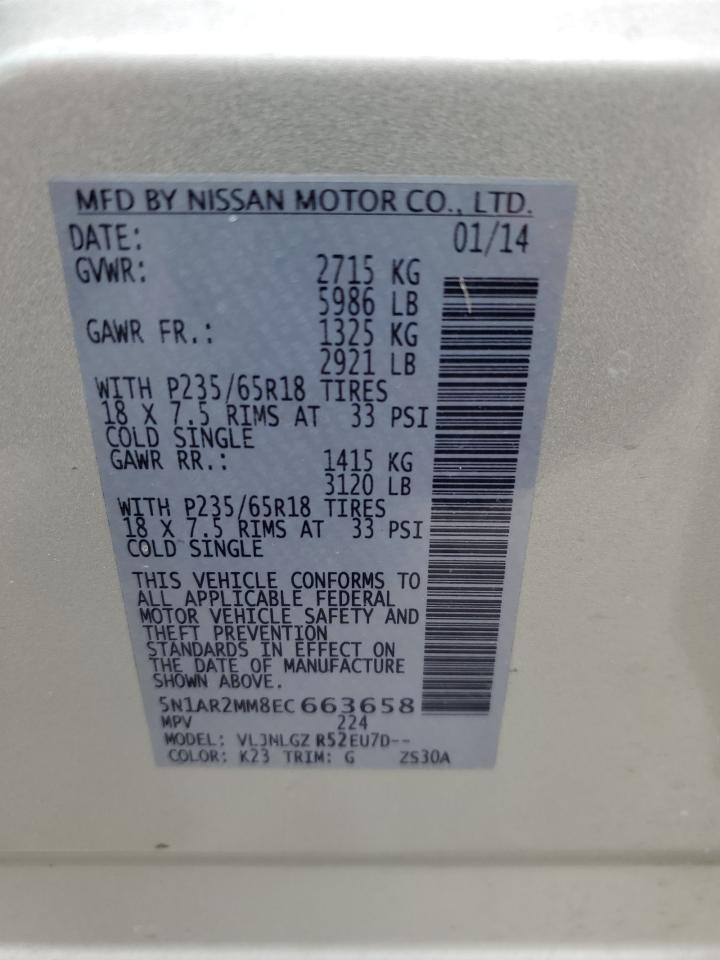 2014 Nissan Pathfinder VIN 5N1AR2MM8EC663658 Copart auction photo, front end damage thumbnail 14