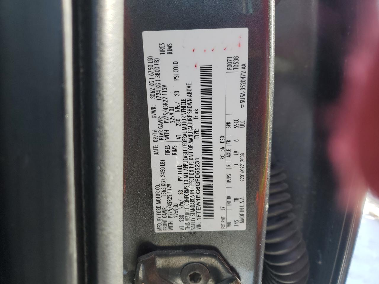 2016 Ford F-150 VIN 1FTEW1EG6GFD55231 Copart auction photo, front end damage thumbnail 14