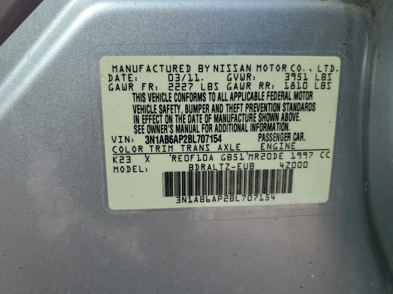 2011 Nissan Sentra VIN 3N1AB6AP2BL707154 Copart auction photo, front end / side damage thumbnail 13