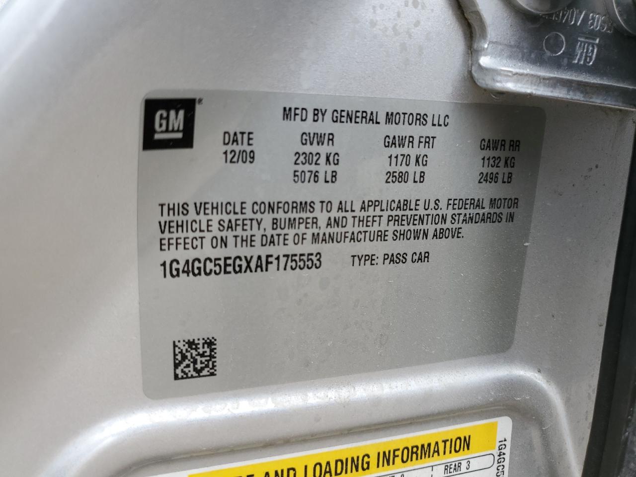2010 Buick LaCrosse VIN 1G4GC5EGXAF175553 Copart auction photo, front end / side damage thumbnail 14
