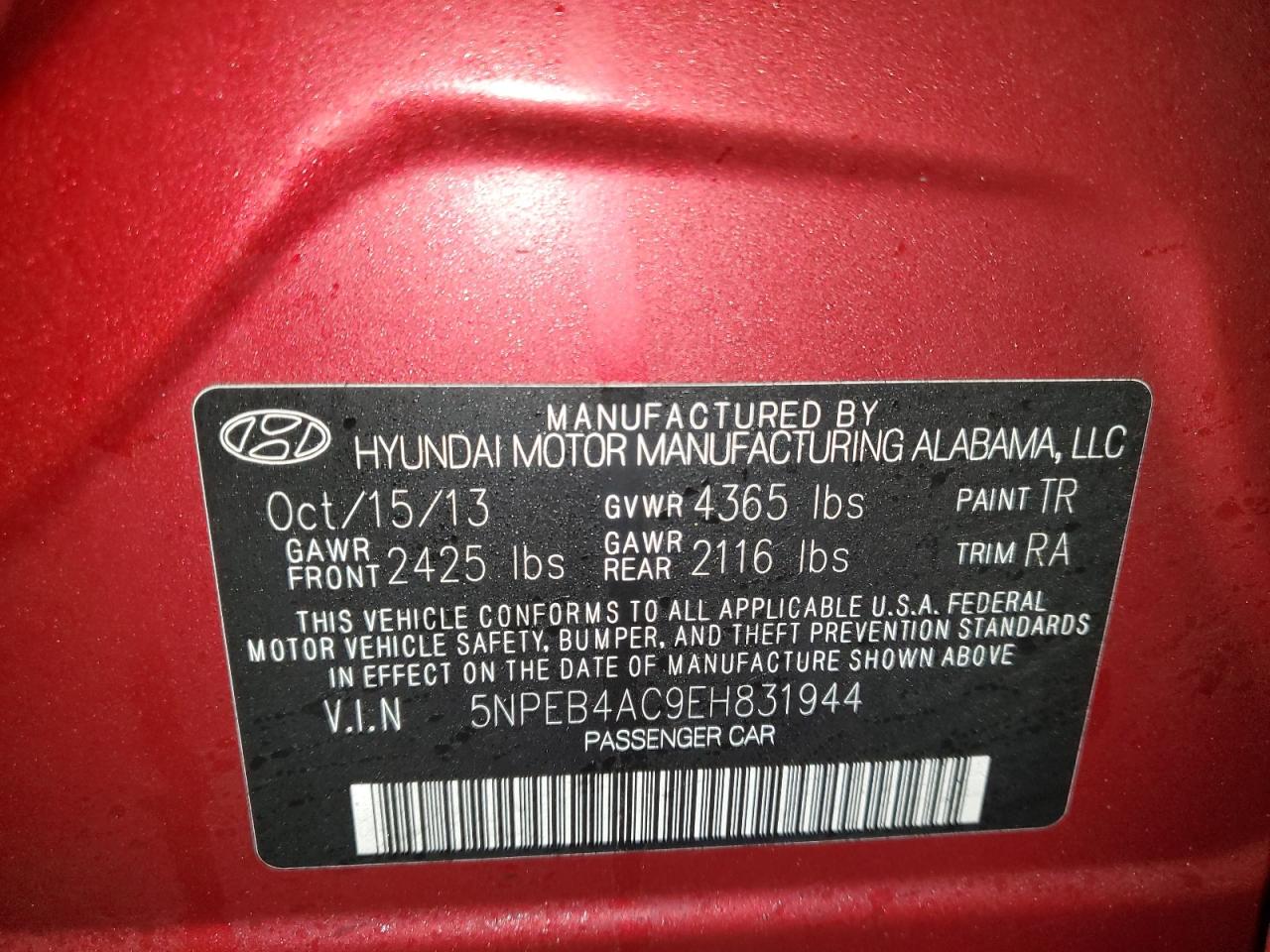 2014 Hyundai Sonata VIN 5NPEB4AC9EH831944 Copart auction photo, vandalism / all over damage thumbnail 12
