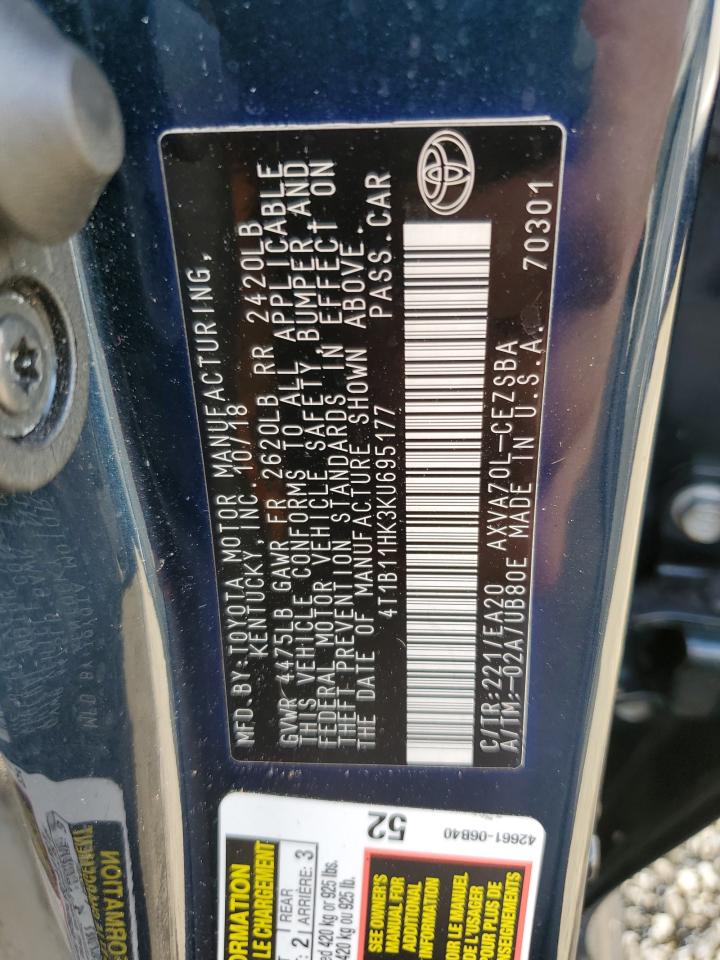2019 Toyota Camry VIN 4T1B11HK3KU695177 Copart auction photo, water/flood damage thumbnail 13
