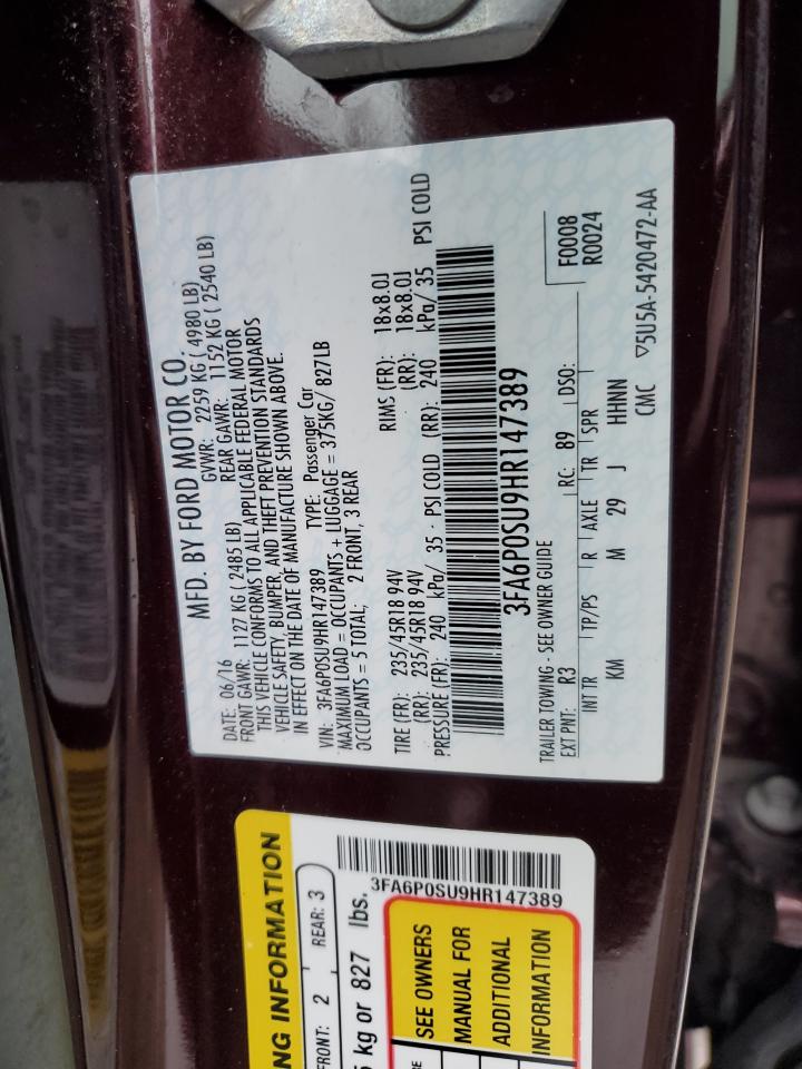 2017 Ford Fusion VIN 3FA6P0SU9HR147389 Copart auction photo, front end damage thumbnail 12