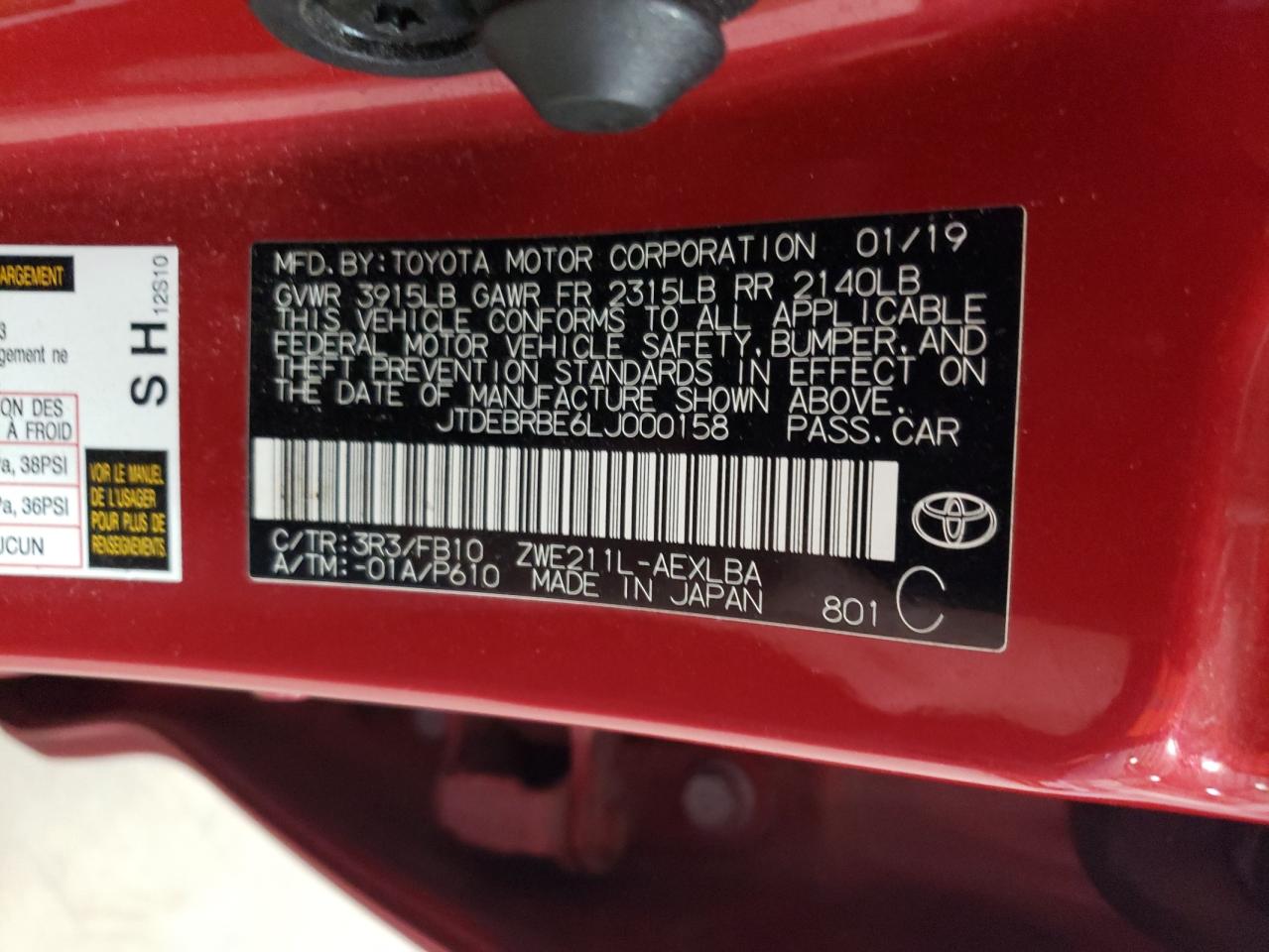 2020 Toyota Corolla VIN JTDEBRBE6LJ000158 Copart auction photo, rear end damage thumbnail 12