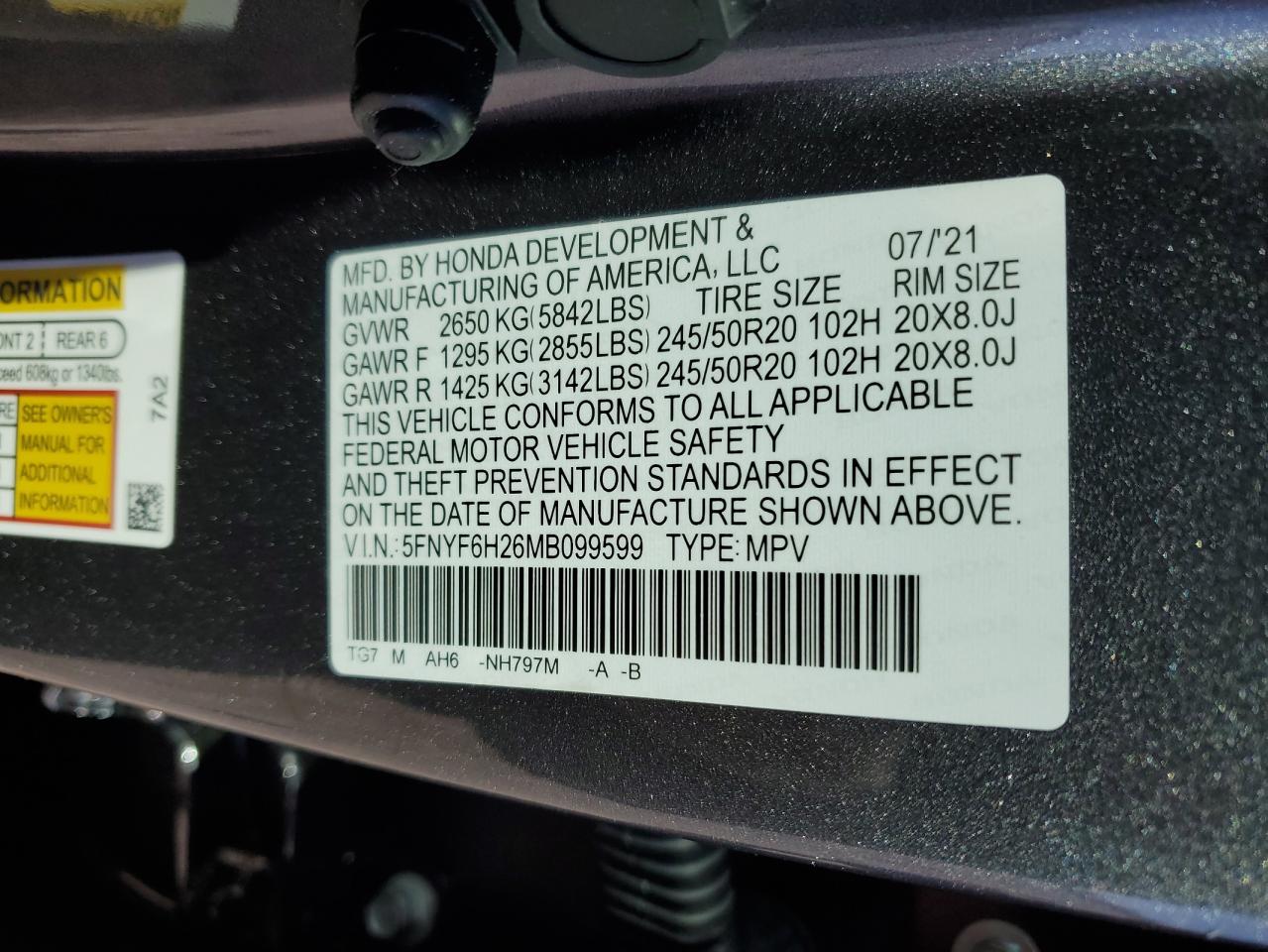 2021 Honda Pilot VIN 5FNYF6H26MB099599 Copart auction photo, front end / minor dent/scratches damage thumbnail 15