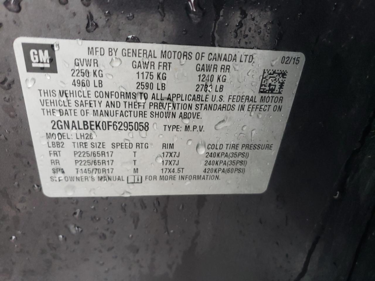 2015 Chevrolet Equinox VIN 2GNALBEK0F6295058 Copart auction photo, side / rear end damage thumbnail 13