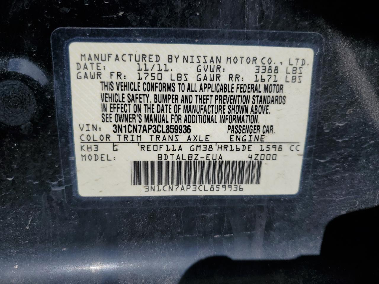 2012 Nissan Versa VIN 3N1CN7AP3CL859936 Copart auction photo, front end / rear end damage thumbnail 14