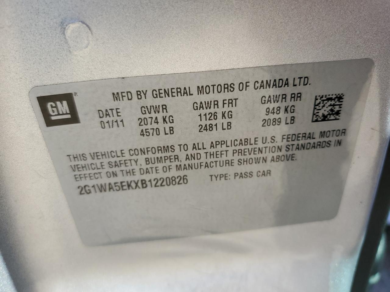 2011 Chevrolet Impala VIN 2G1WA5EKXB1220826 Copart auction photo, front end damage thumbnail 12