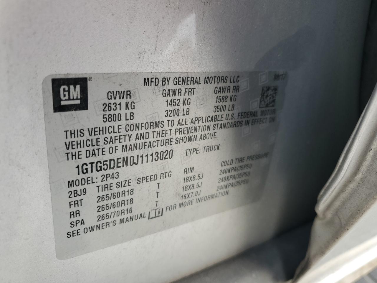 2018 GMC Canyon VIN 1GTG5DEN0J1113020 Copart auction photo, front end damage thumbnail 12