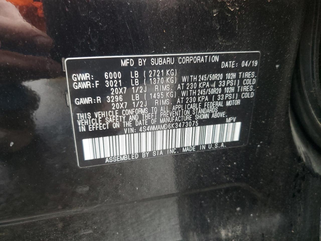 2019 Subaru Ascent VIN 4S4WMAMD6K3473075 Copart auction photo, front end damage thumbnail 12