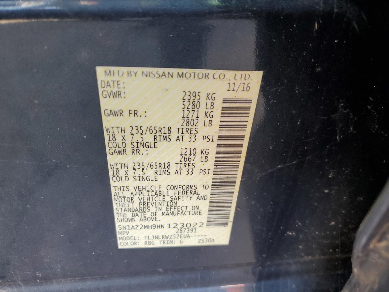 2017 Nissan Murano VIN 5N1AZ2MH9HN123022 Copart auction photo, front end / minor dent/scratches damage thumbnail 13
