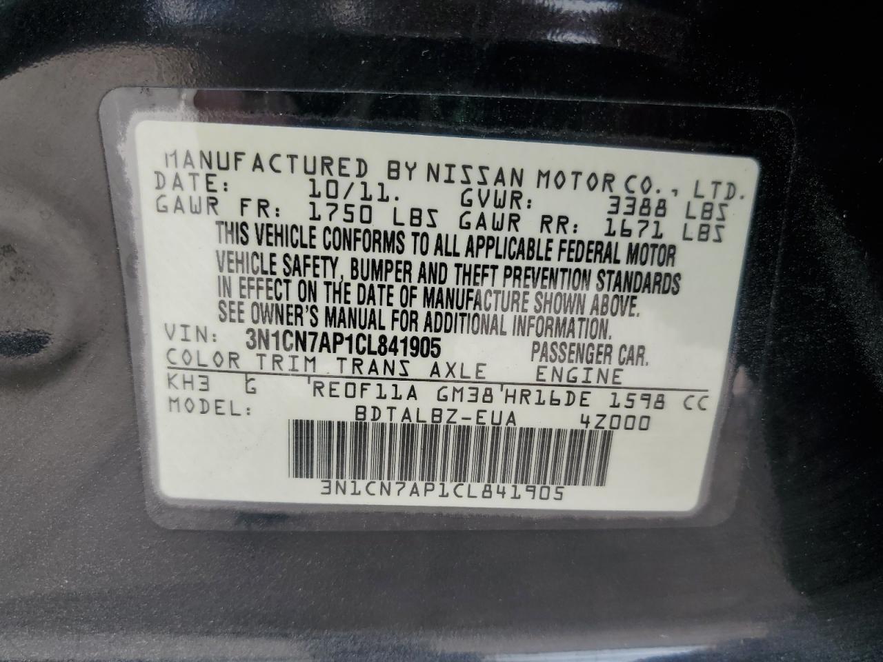 2012 Nissan Versa VIN 3N1CN7AP1CL841905 Copart auction photo, side / minor dent/scratches damage thumbnail 12