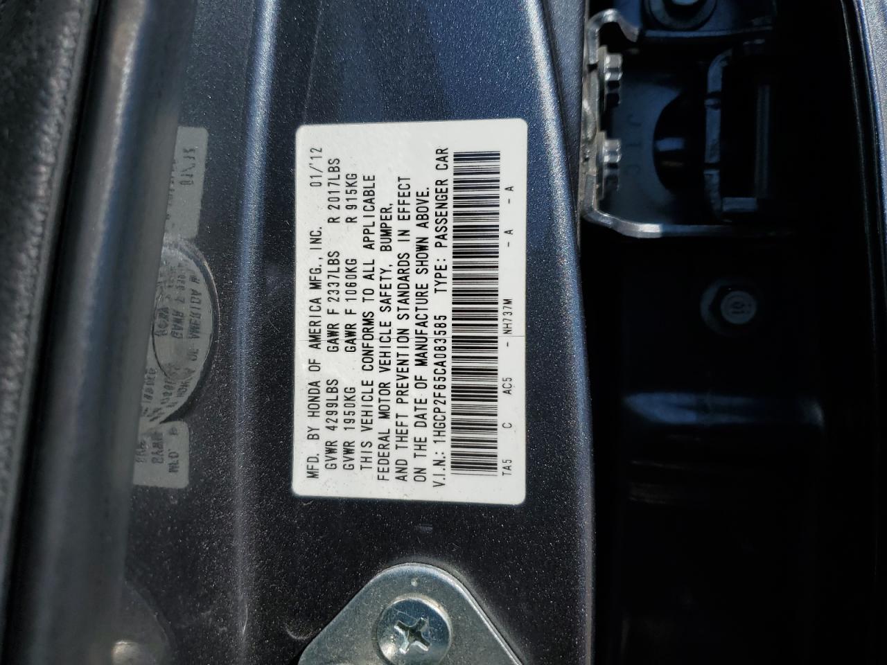 2012 Honda Accord VIN 1HGCP2F65CA083585 Copart auction photo, front end damage thumbnail 14