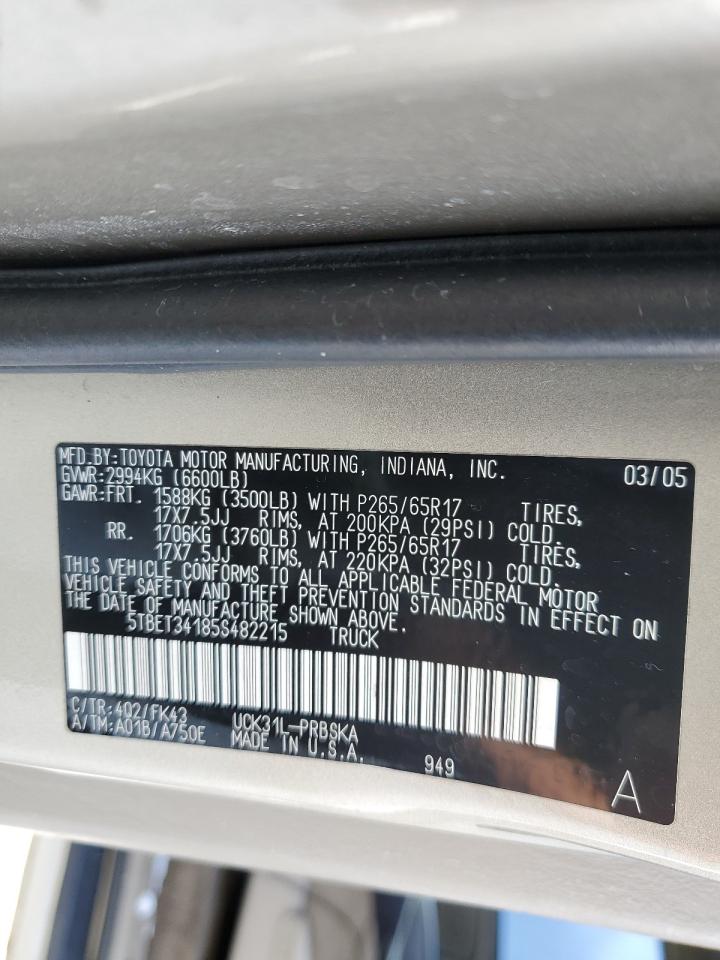 2005 Toyota Tundra VIN 5TBET34185S482215 Copart auction photo, front end / rear end damage thumbnail 13