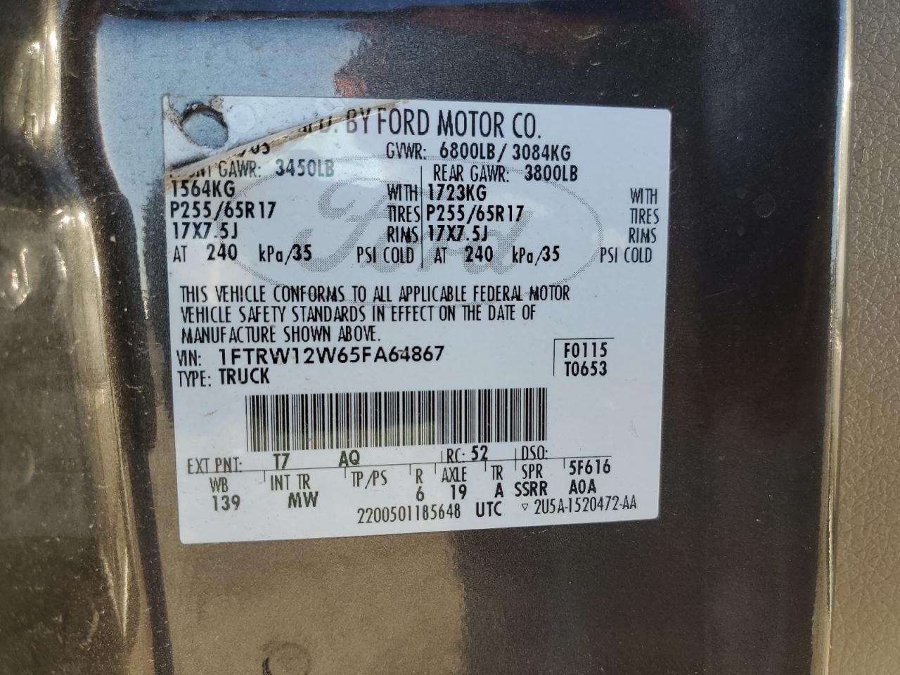 2005 Ford F-150 VIN 1FTRW12W65FA64867 Copart auction photo, front end / undercarriage damage thumbnail 14